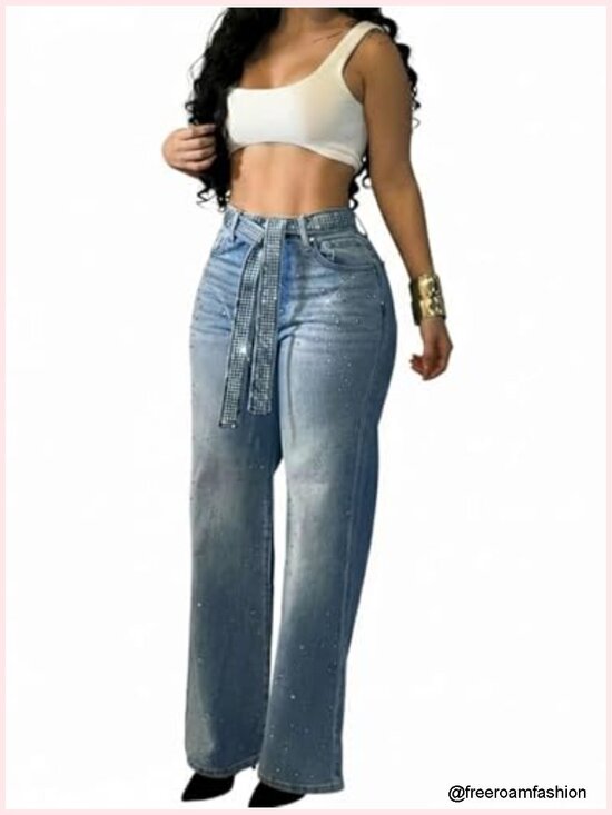 Denim - High Waisted Wide Leg Jeans with Rhinestone Belt, Flare Denim Pants